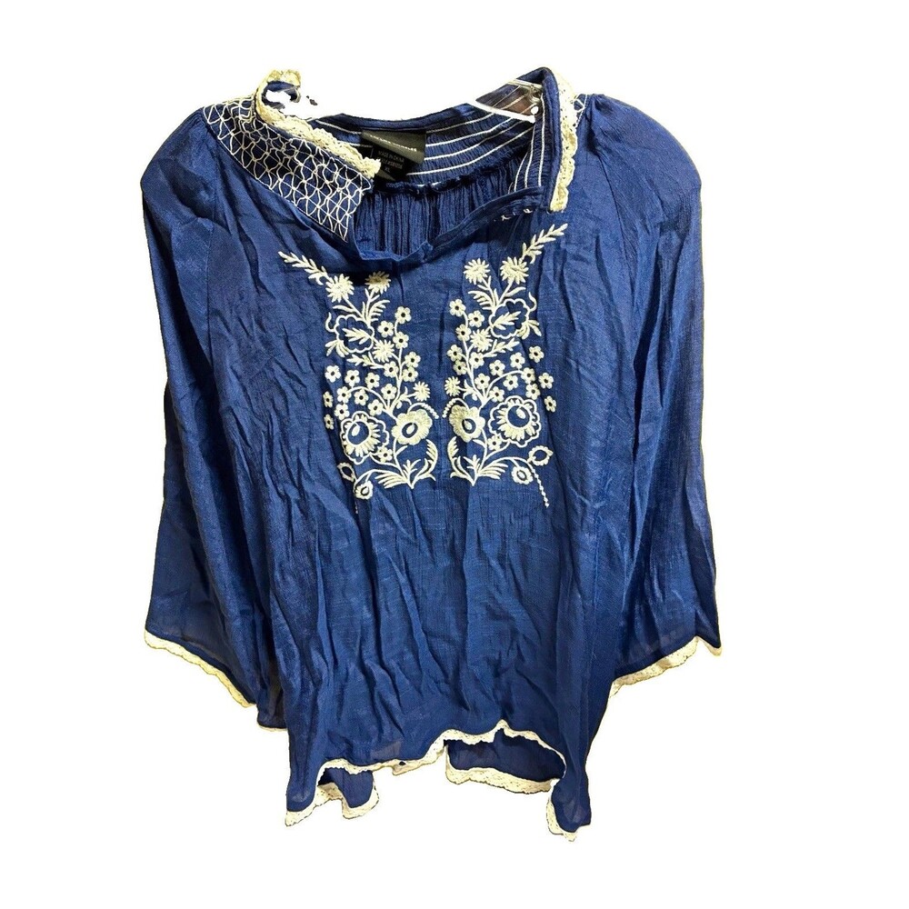 LIV Los Angeles Women’s Blue Floral Embroidered Lace Trim Blouse Size XL